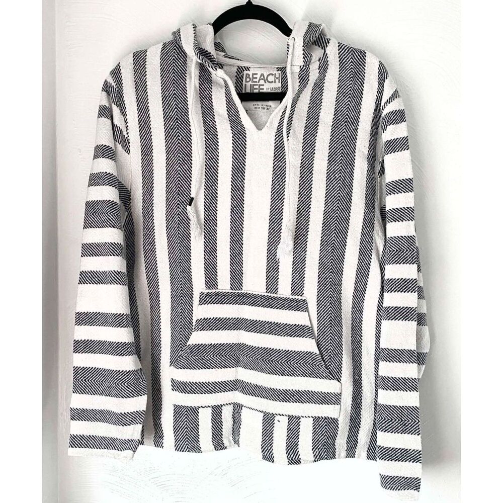 Beach Life by Ladrft Women’s Navy/ White Striped Hoodie Pullover Large